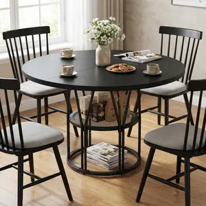 Garvee Round Dining Table for 4-6, 47in Modern Circular Table with Storage Shelf and Sturdy Metal Frame, Ideal for Kitchen, Living Room, Apartment, or Office in Black Finish