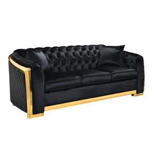 Velvet Luxury Chesterfield Sofa Set, 84 Inches Tufted 3 Seat Couch with Gold Stainless for Living Room, Black Fabric
