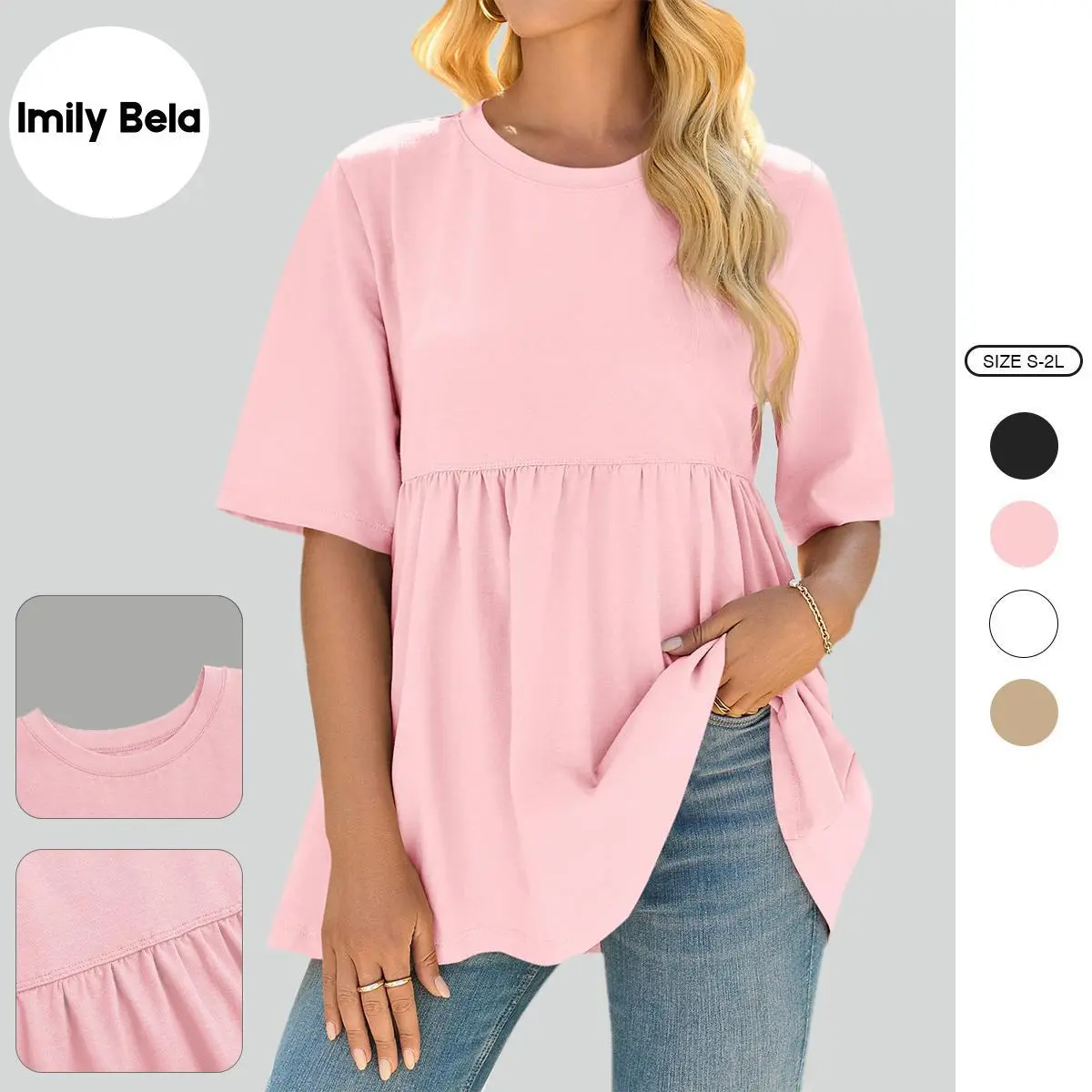 Imily Bela Women's Cotton Blend Maternity Babydoll Blouse - Plus Size Short Sleeve Crewneck Peplum Top, Loose Fit Dressy Casual for Postpartum, Pregnant, Maternity Supplies, Plus Size Tops, Crew Neck, Going Out, Elastane, Cool All‑Day Wear