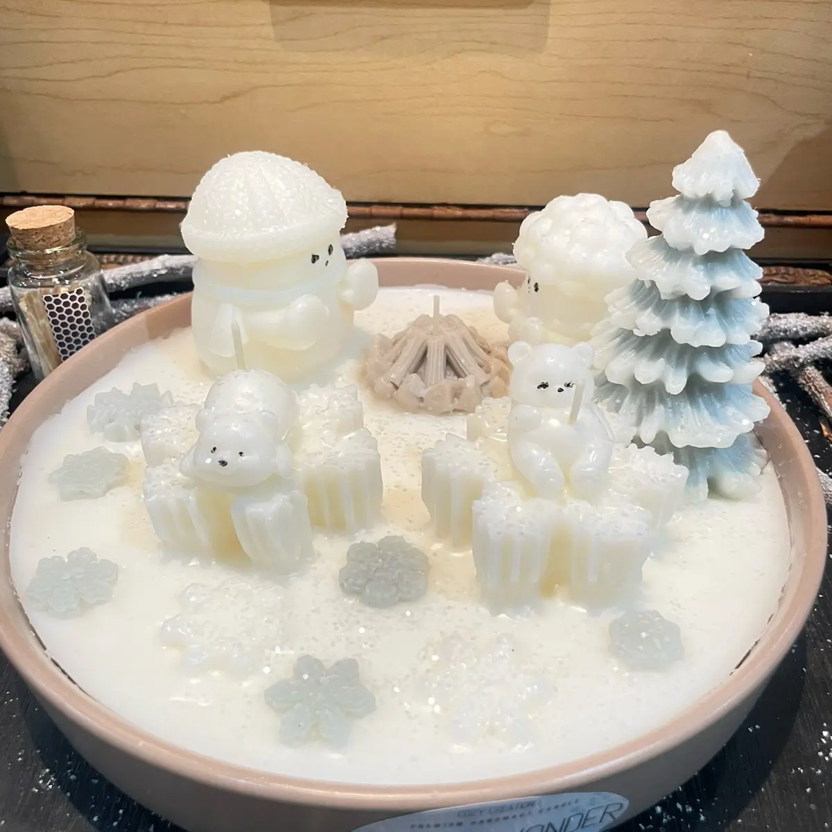 Winter Wonder Bear Candle - Bears Warming up Their Paws in Campfire Cashmere, Snow Flakes, and Winter Nights Scented Candle in Reusable Large Flat Bowl Cozy Decor Box