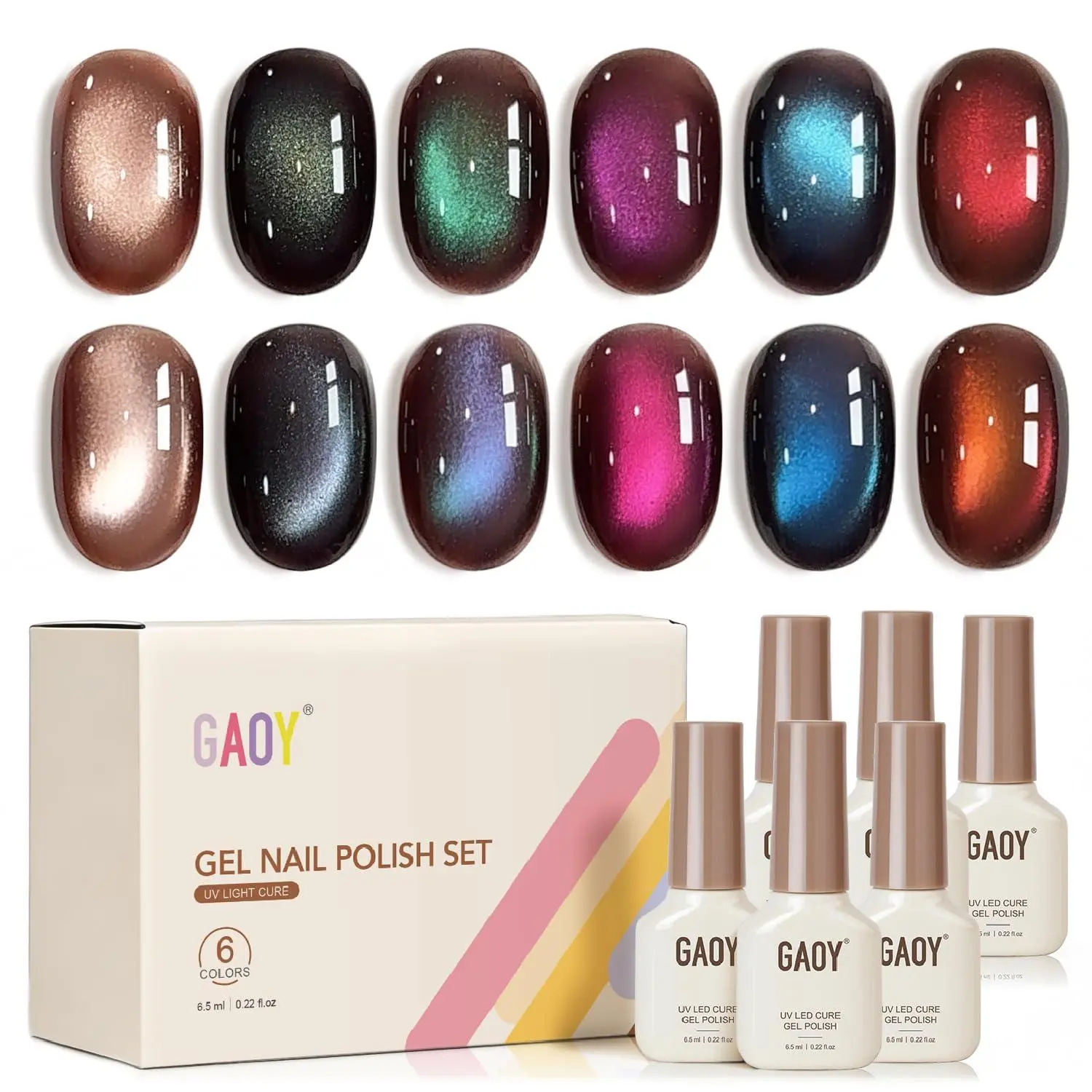 GAOY Brown Chameleon Cat Eye Gel Nail Polish Kit with Magnet, 6 Colors Glitter Holographic Nail Polish Set, UV Cure Gel for DIY Manicure at Home