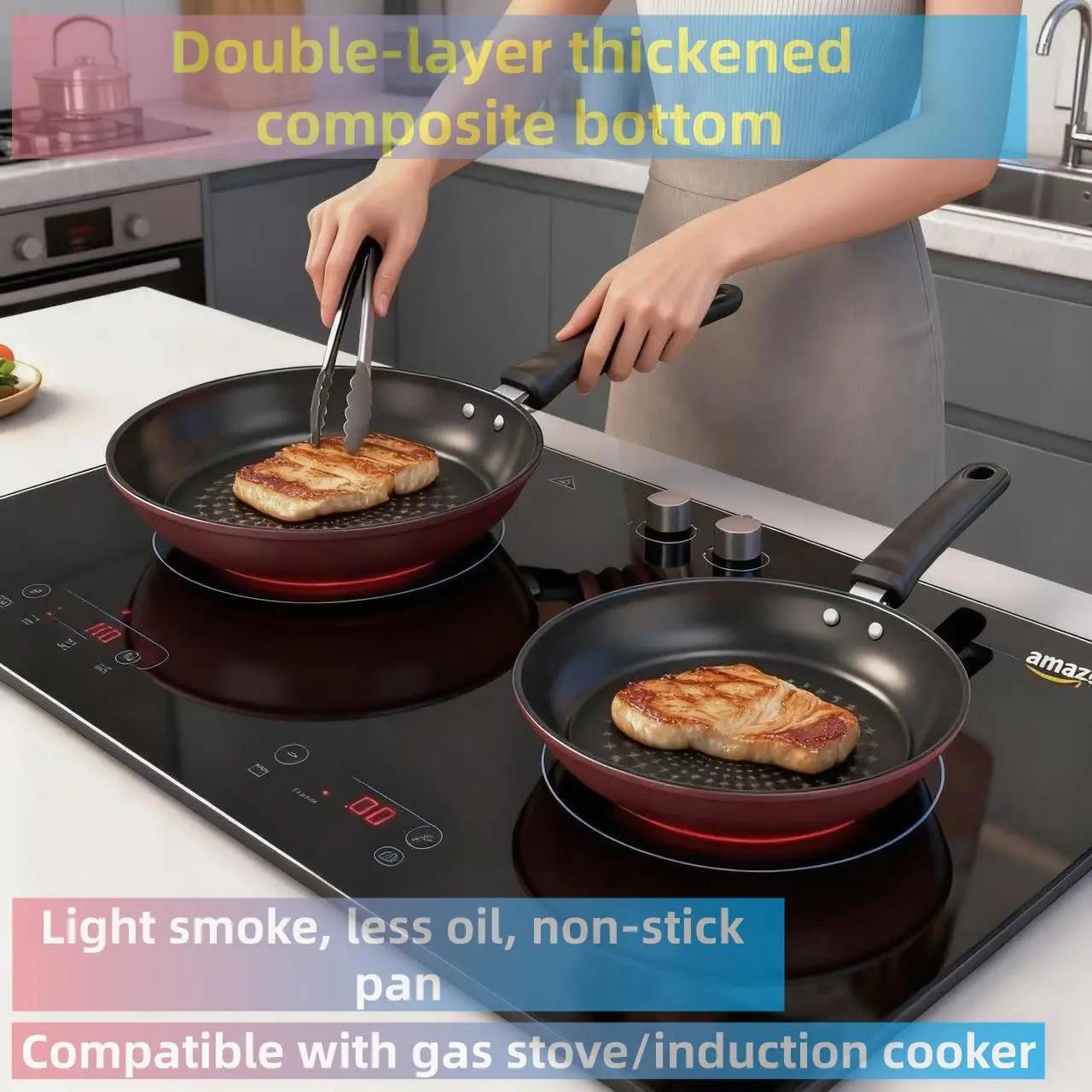 24cm Iron Non-Stick Diamond Coating Griddle Skillet - Thick Flat Bottom, Low Smoke, Ceramic Coated Cookware for Steak Prep, Searing, Induction & Gas Stovetop Compatible 24cm Non-Stick Frying Pan