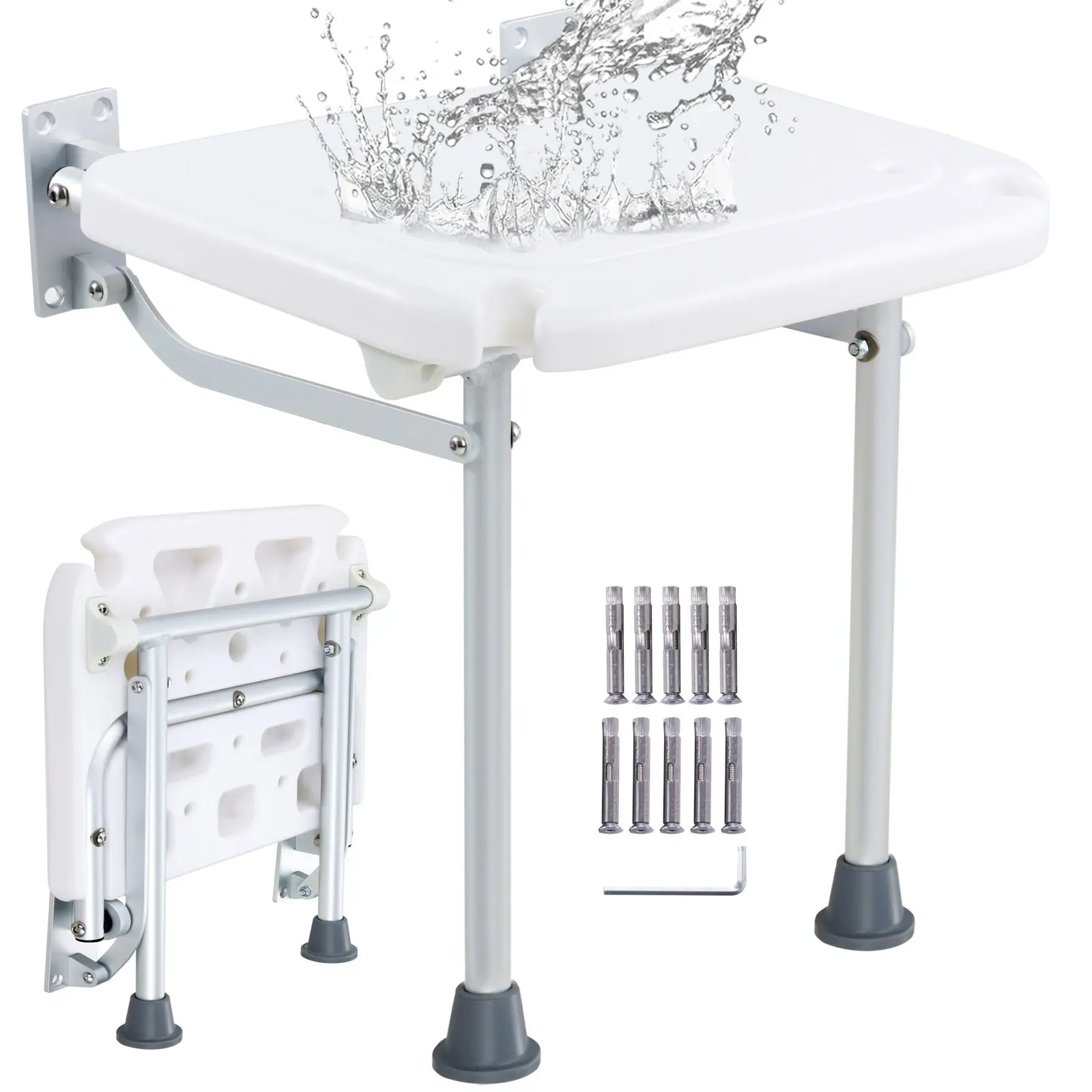 Folding PE Shower Seat 15.7'' x 14.8'' Unfolded Size, Wall Mounted Fold Up Shower Bench, 500 Lbs Load Capacity, Space Saving Fold Down Shower Chair for Seniors, Pregnant Women, Children, and Adults