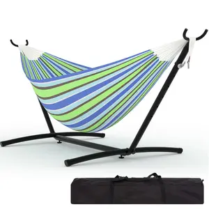 Double Hammocks with Stand for Outside, Portable Space Saving Heavy-Duty Steel Stand for Indoor Outdoor Patio with Carrying Bag, 450 lbs Capacity-Blue & Green Stripes