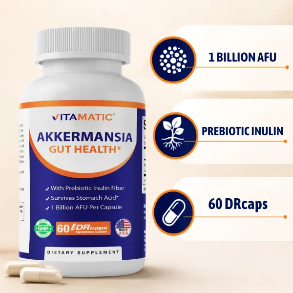 Vitamatic Akkermansia Muciniphila Strain Probiotics Capsules - 60 Delayed-Release DR Digestion Healthcare Supplement with Prebiotic Fiber, Gluten-Free, Non-GMO, No-Preservatives, Easy-Use Capsule Format for Daily Gut Support