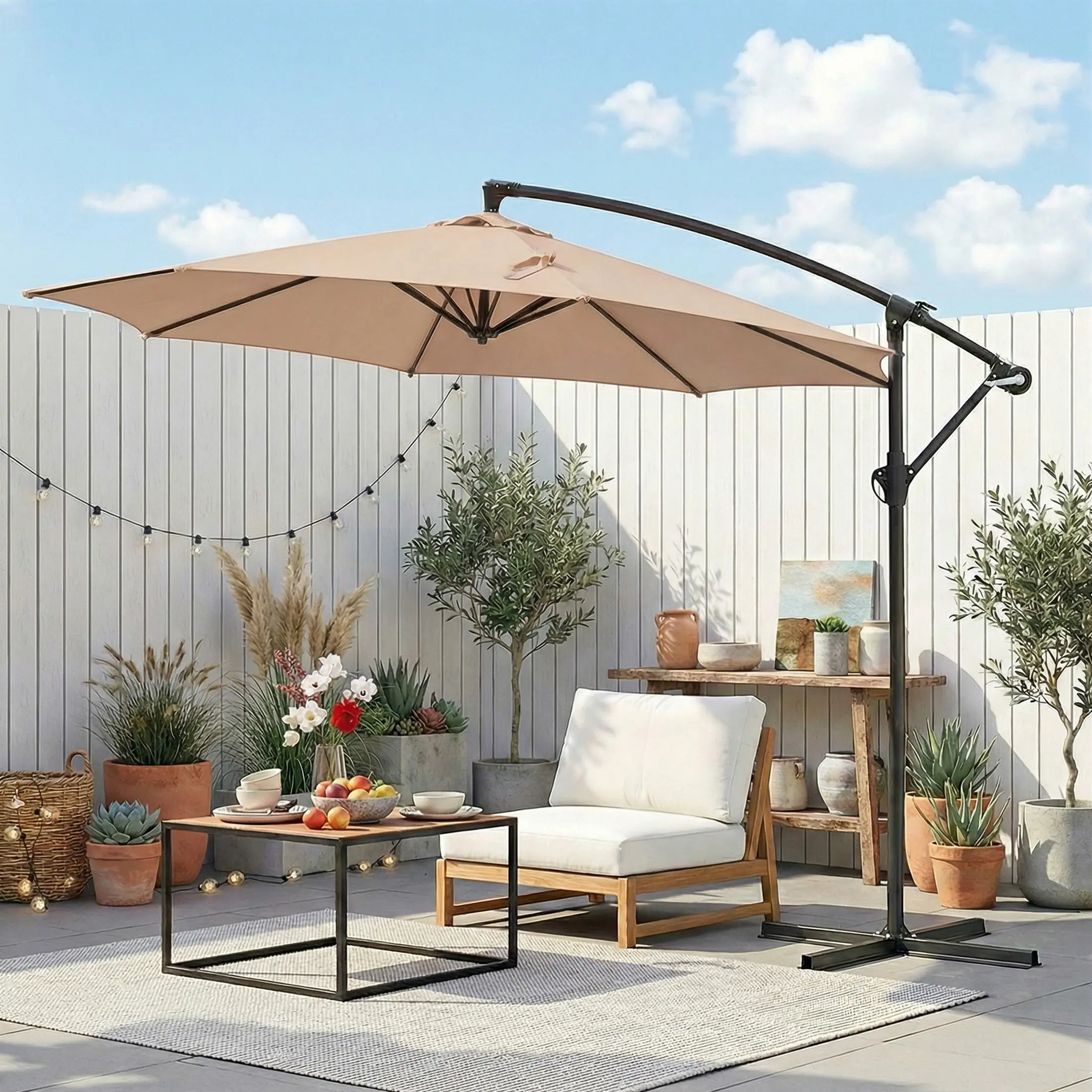 9.8FT Offset Patio Cantilever Umbrella - Outdoor Umbrellas, Polyester UV Protection Canopy Sunshade, 8-Rib UV Resistant Parasol, Easy Tilt Adjustment, Canopies & Shade Furniture
