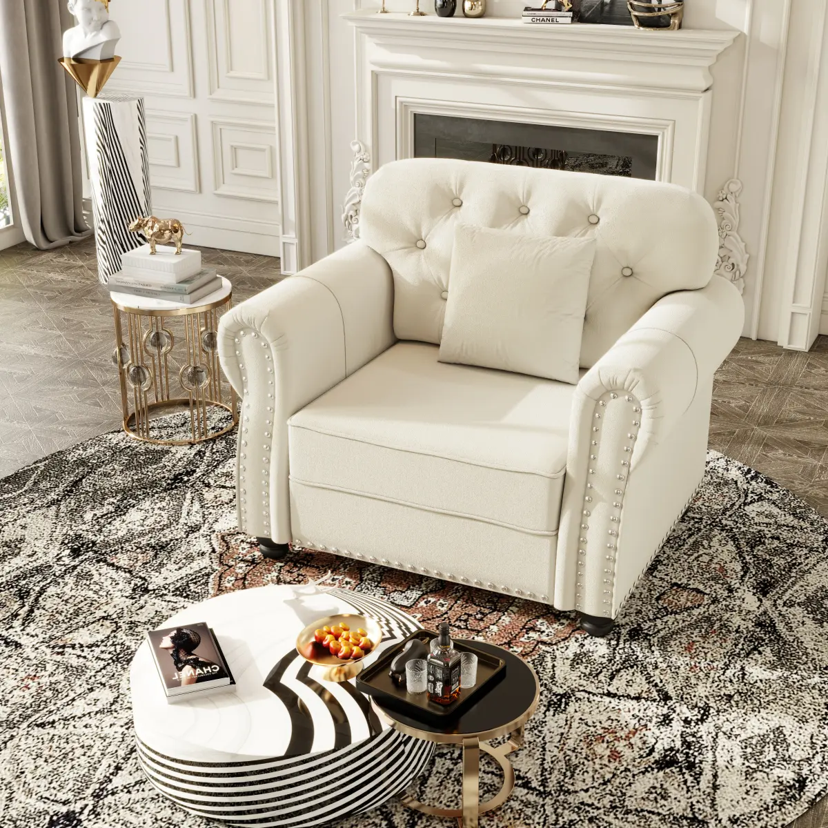 Upholstered Velvet 4-Pieces Sofa with Nailhead Trim and Rolled Armrests,Mid-Century Modern Chesterfield Sofa with Button Tufted,Includes 1 ottoman,Beige/White/Brown/Burgundy