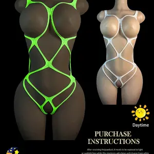 1pc Sexy Neon Fishnet Jumpsuit – Stretchy Lingerie, Glow-In-The-Dark Neon Green, Breathable Mesh, Suitable For Nightclub, Roleplay (One Size Fits Most), Made Of Highly Elastic Fabric