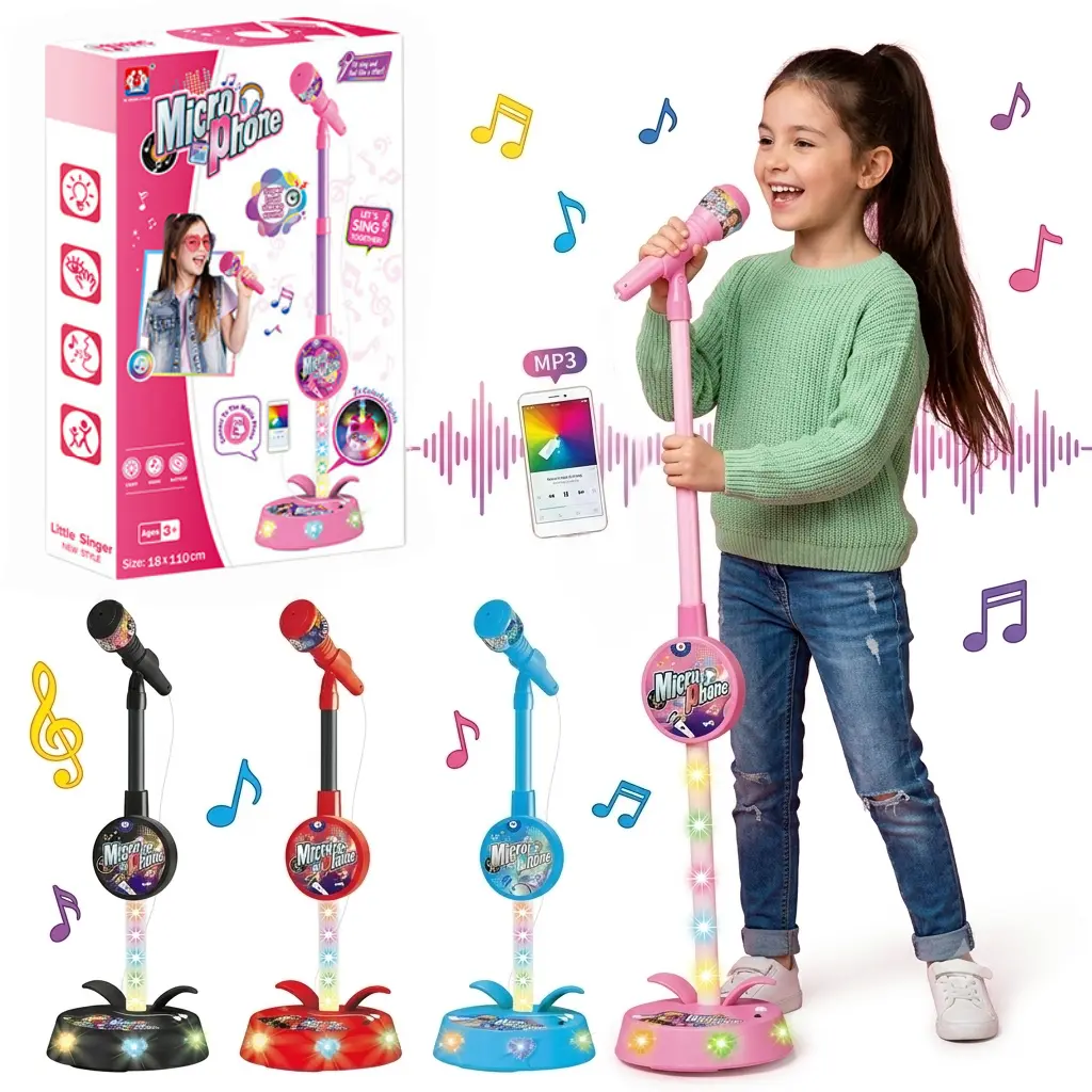 Kids Karaoke Microphone with Adjustable Stand, USB-C Flashing Light, Retractable Headset - Portable and Fun Musical Toy for Ages 3-6 with Enhanced Playtime