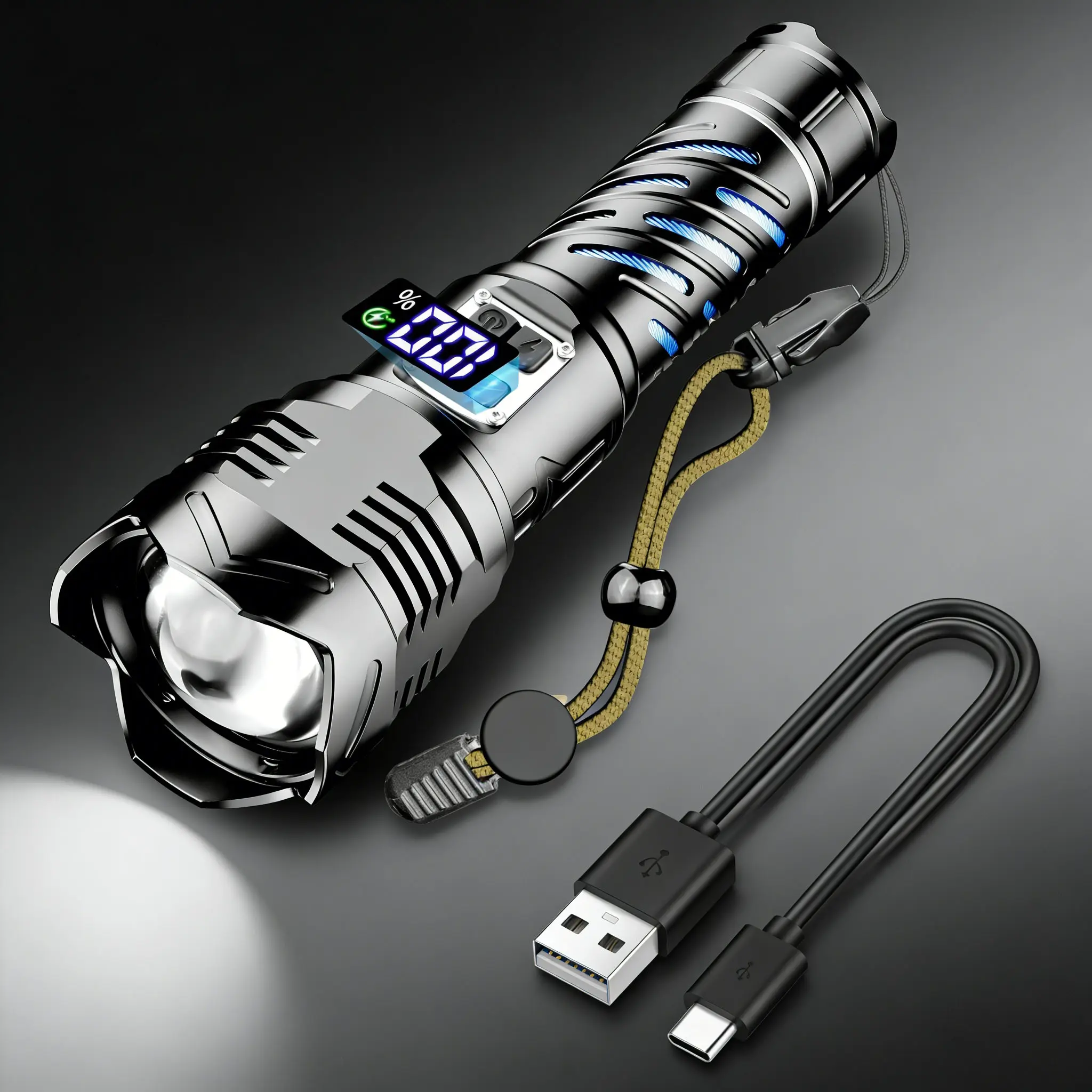 Big Hight Power Flashlights High Lumens Rechargeable with charging Phone function, 60W Super Bright LED Flashlight with LCD Display 5 Modes & Double Switches, Waterproof High Power Handheld Flash Light for Emergencies Camping Hiking