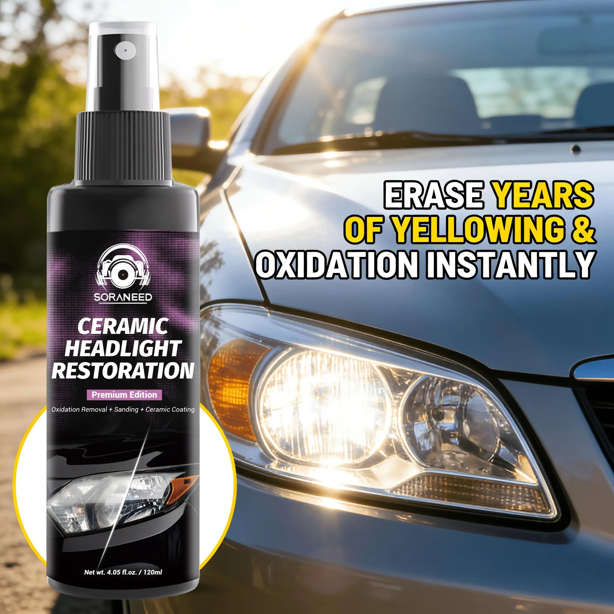 Headlight Restoration Kit, Car Headlight Cleaner & Polishing Solution, Oxidation Removal Tool That Removes Yellowing & Erases Years of Yellowing, Auto Lens Repair Kit
