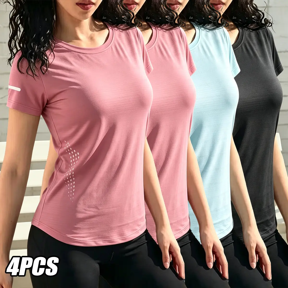Women’s Sporty Chic Short-Sleeve T-Shirts - 4-Pack Breathable Polyester Tees, Side Cutout Ventilation, Quick-Dry, Reflective Armbands for Hiking & Evening Outdoor Safety, Summer Casual Active Wear