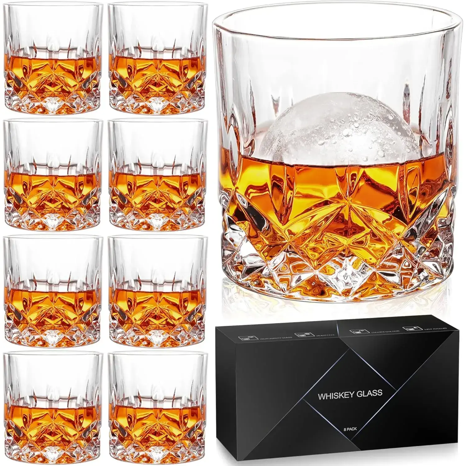 Engraved Lead-Free Crystal Whiskey Glasses Set of 8 (11oz) - Heavy Base Durable Drinkware, Buy 6 Get 2 Free, Ideal for Bourbon Nights & Poker Nights, Premium Kitchen Gift for Liquor Lovers (Christening Gift Option), Cocktails, Crystal Glassware