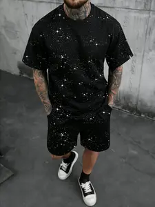 Men's short-sleeved shirt and shorts set, Matching, Menswear Streetwear, featuring sequined gold foil detailing; a stylish everyday outfit suitable for commuting, casual wear, or back-to-school; a great gift for fathers, husbands, or boyfriends