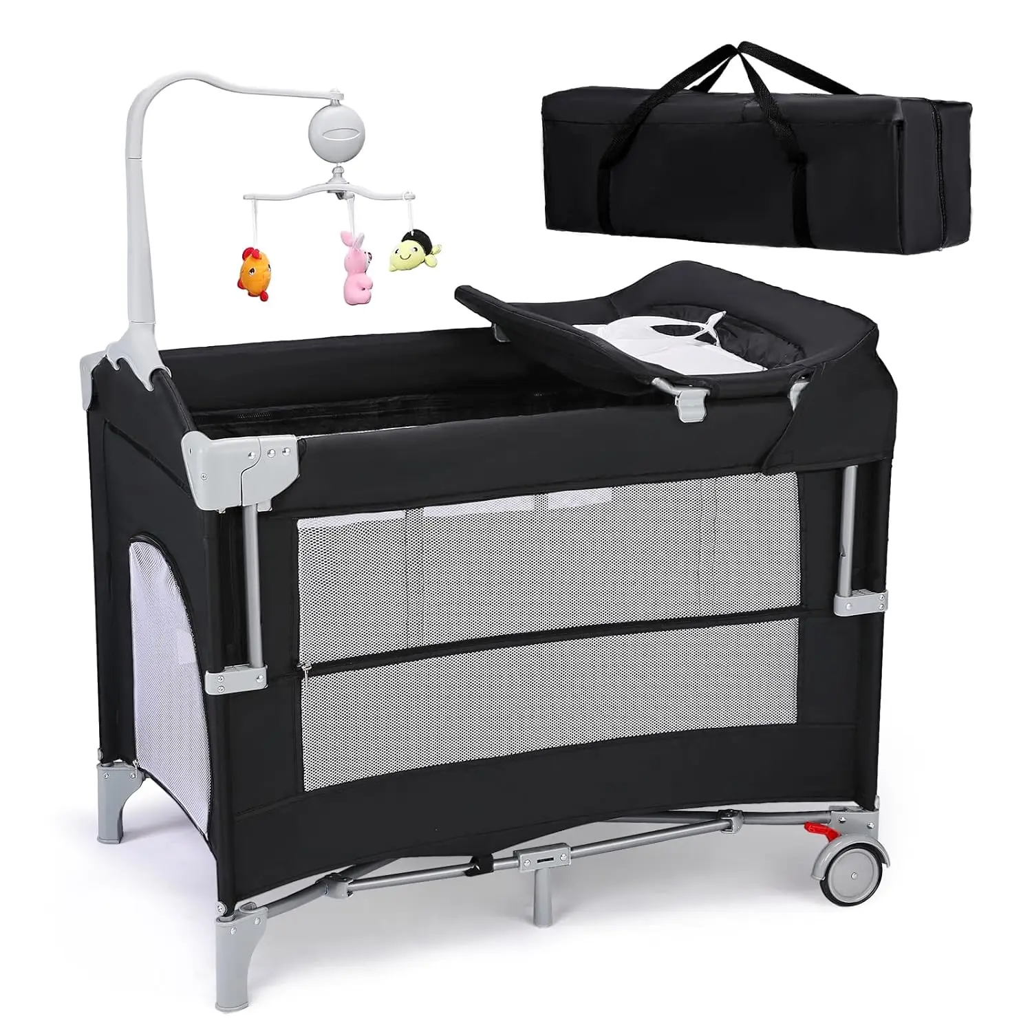JOYMOR Pack and Play with Changing Table, 5-in-1 Portable Baby Bedside Bassinet with Storage, Travel Crib with Carry Bag, Compact Fold
