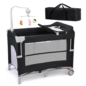 JOYMOR Pack and Play with Changing Table, 5-in-1 Portable Baby Bedside Bassinet with Storage, Travel Crib with Carry Bag, Compact Fold