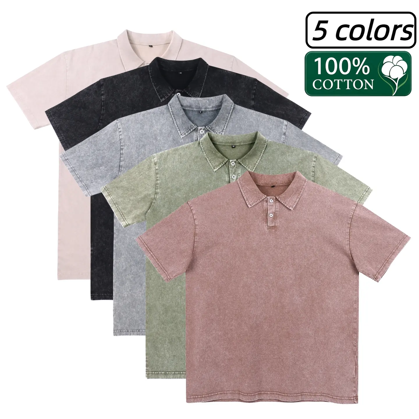 3 Pack Men's Acid Wash Polo Shirts Cotton Oversized Tshirts Vintage Short Sleeve Tees Top Casual Biker Beige Plain Short Sleeve Menswear Streetwear