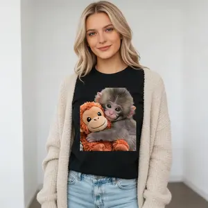 100% pure cotton Crewneck T Shirt Black Monkey And Plush Toy Print Casual Wear For Women And Girls Everyday Outfit Streetwear Fashion Top # TeamPunch, # Punchthemonkey