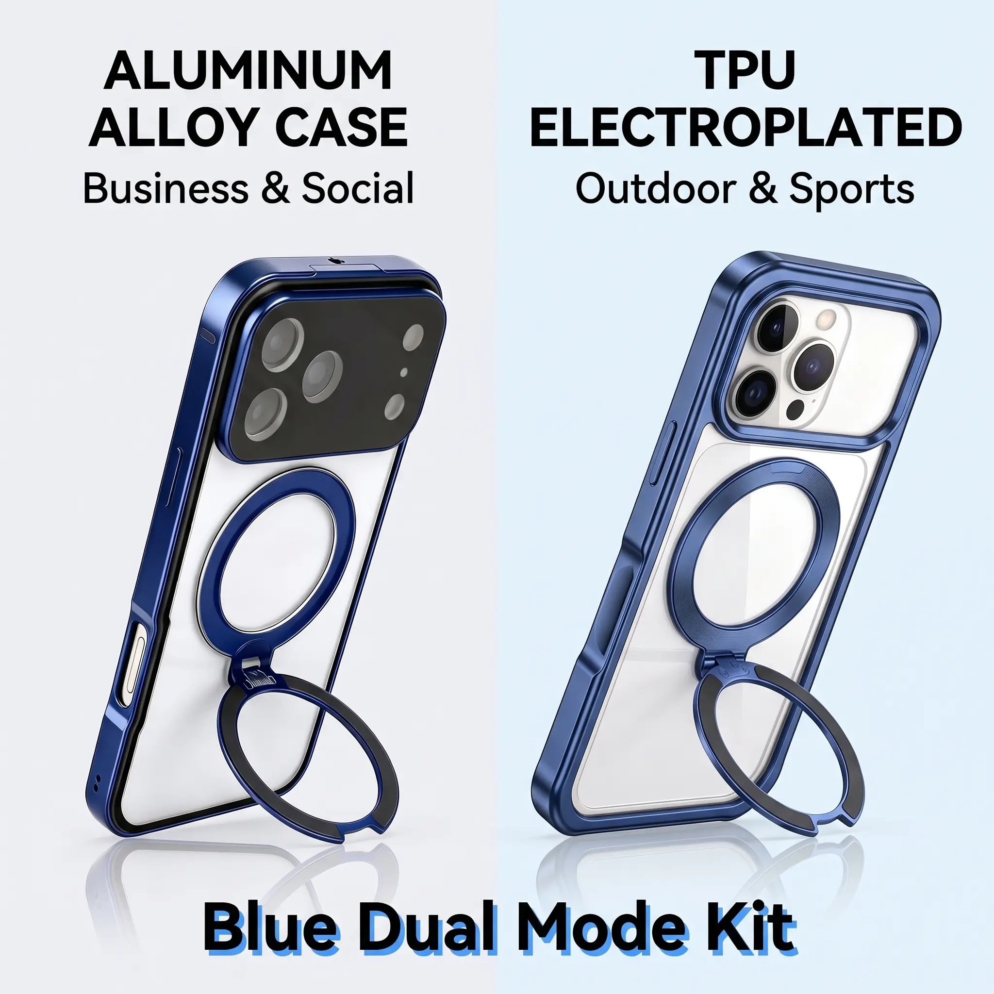 Dual Mode Phone Case Kit, 2 Pack TPU Electroplated Outdoor Case + Aluminum Alloy Business Case with MagSafe Ring Stand & Privacy Camera Cover, Full Body Protection for iPhone