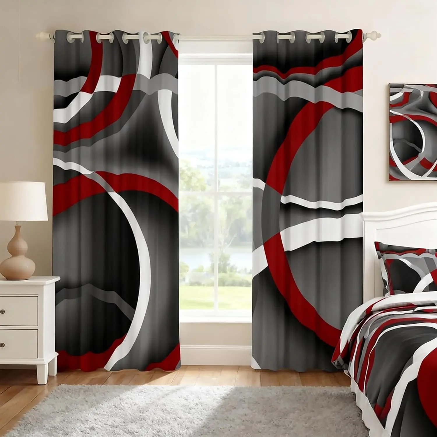Feelyou 2-Piece Velvet Grommet Curtain Panels - Light-Filtering Privacy Drapes with Colorful Abstract Art Print (Geometric Circles, Swirls, Stripes, Lines), Red Black Grey White Home Decoration Window Treatment Accessory