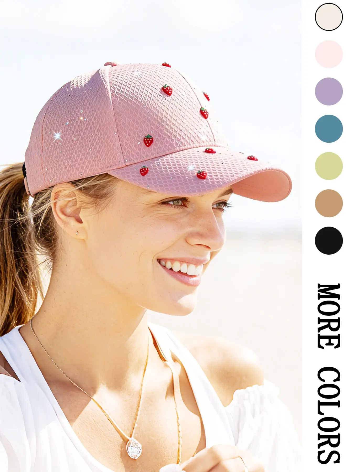 1PC cute strawberry-colored sequined decorative checkered baseball cap for ladies, a lightweight and breathable adjustable sun hat, suitable for spring and summer beach vacations, travel and daily wear.