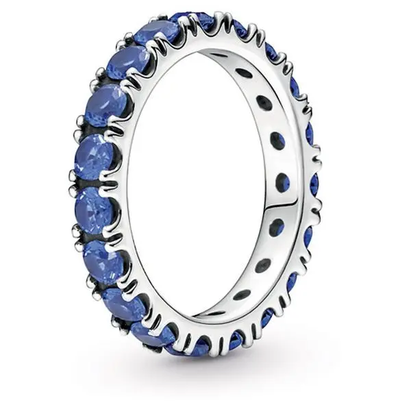 Pandora Classic Hand-Finished Sparkling Row Eternity Ring - Silver Band Inlaid with Lab-Created Princess Blue Stones, Daily Wear Unisex Adult Silver Jewelry Accessory, 190050C02-52