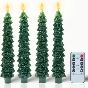 Christmas Decorations Indoor - 4 PCS Christmas Tree Candles with Remote and Timer - Flameless Christmas Taper Candles - Battery Perated Green LED Candlesticks for Christmas Home Decor