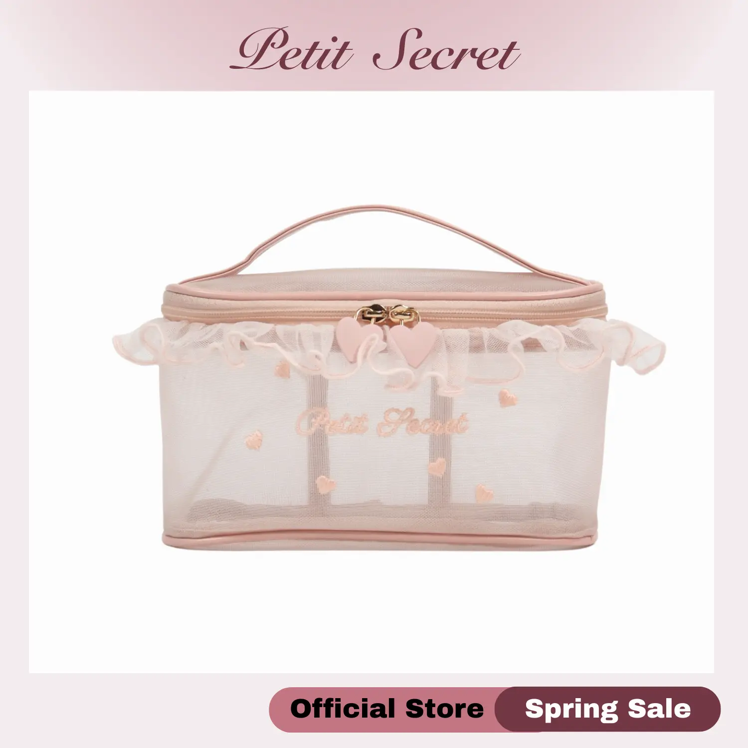 Petit Secret Elegant Mesh Makeup Bag,Delicate Heart Embroidery & Lace Detail, Charming Handheld Cosmetic Pouch, Perfect for Tissues, Lip Sticks