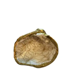 White Floral Hand-Painted Oyster Shell Trinket Dish Authentic from Louisiana with Gold Edge Design