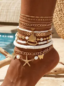 12 Pcs Women's Ankle Bracelet Set, Anklets, Boho Star Shell Butterfly Heart Bead Chain, Casual All Seasons Trendy Jewelry, Perfect for Gifts and Parties