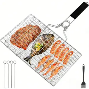 Foldable Portable Stainless Steel BBQ Grill Basket, Grilling Outdoor Cooking, Ideal for Fish, Vegetables, Shrimp, Detachable Handle, Perfect Father's Day Gift
