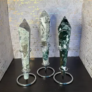 Moss agate wand with stand