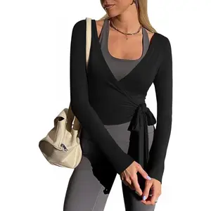 Yousify Womens Wrap Tie Tops Y2k Long Sleeve Ballet Pilates Yoga Workout Shirts Deep V Neck Casual Active Wear Athletic Fashion