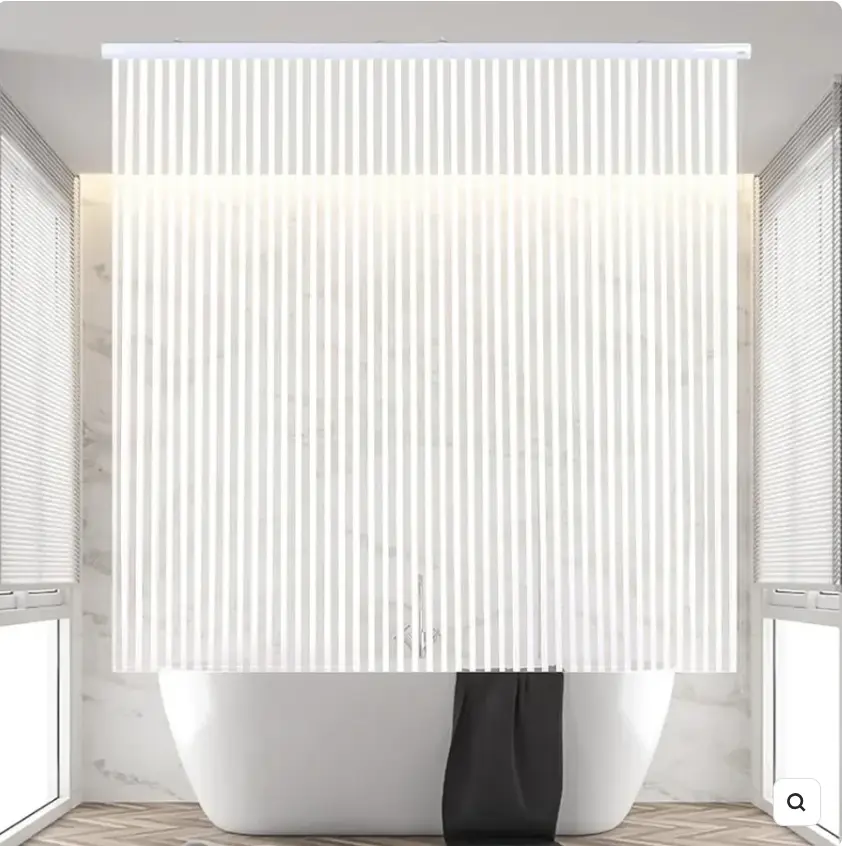 Shower Roller Curtain for Bathroom, Waterproof, 100% PEVA, No rods, No Hooks, No Rings! 56"Lx95"W, White Stripe shower blind. Thick and luxurious curtain.