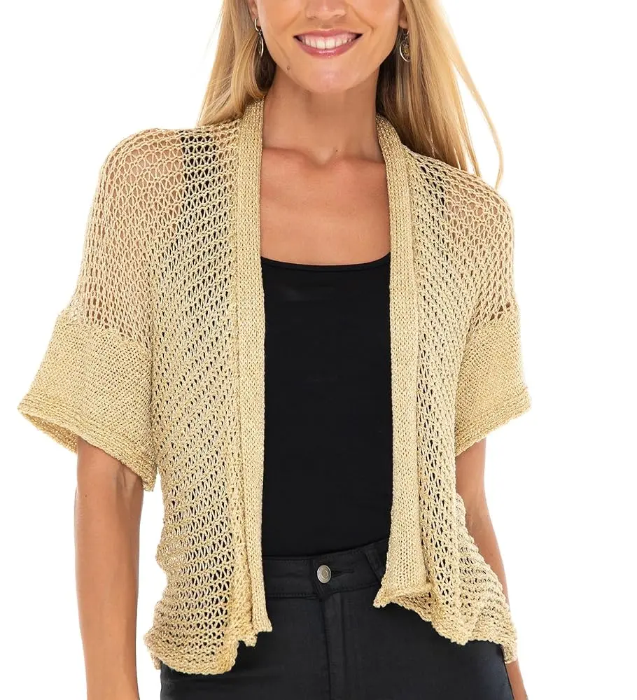 Shu-Shi Gold Women's Short Sleeve Open Knit Bolero Shrug Cardigan Sheer Sweater