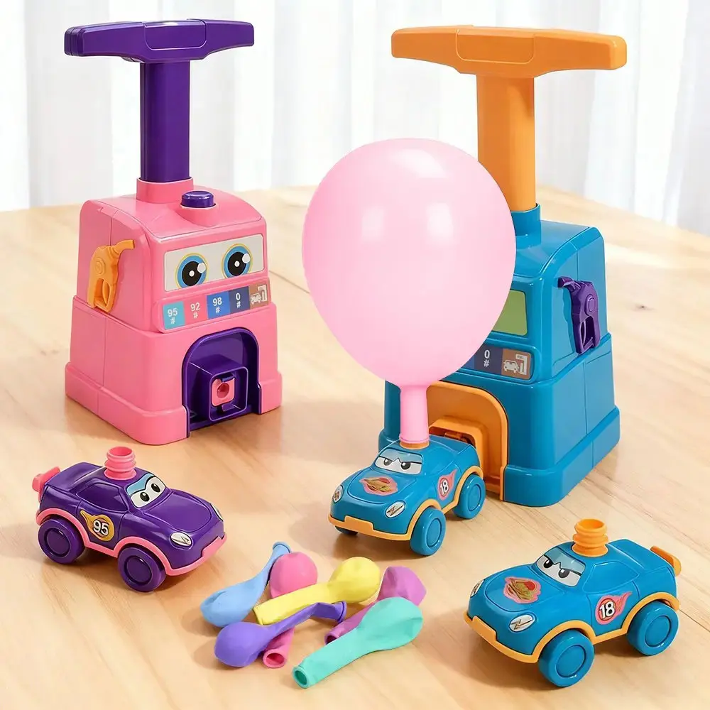 Balloon-powered car toy, power racing car set, physics science combination set, battery-free manual inflation gas station launch vehicle, multiplayer competitive racing game, STEAM physics science enlightenment toy, excellent children's birthday gift