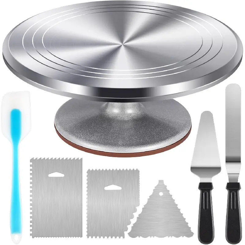 Aluminium Cake Turntable Set, Baking Tools with Revolving 12" Cake Stand for Decorating, 12.7" Offset Spatula, 3 Stainless Steel Frosting Icing Smoother, Cake Serve Cake Decorating Kit Supplies