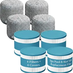 Inflatable Hot Tub Filters, Compatible with RELXTIME Hot Tub Pools & Spas, Includes 4 Cartridges & 4 Covers, Extra-Durable Plastic Trilobal Fabric for Enhanced Water Clarity