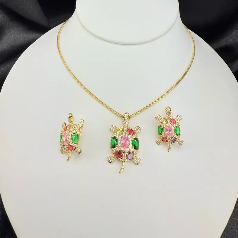 COD#67. Colorful Turtle Set Pendant and Earrings with a Round Necklace 18 Inches Long Jewelry Set