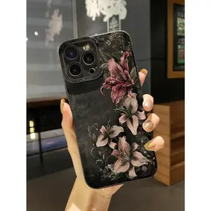A vintage floral black background protective phone case, compatible with iPhone 11/17/16/15/14/13/12/11/X/XS/XSMAX/16E/12.13NINI, perfect as a Christmas gift for friends, family, or yourself., Flower, Cover, Accessories, Smartphone
