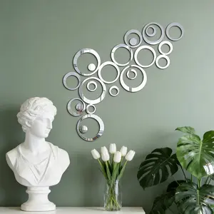 36PCS, Silver hollow circular acrylic mirror wall sticker, Round Design, suitable for home decoration, living room, bathroom, bedroom background wall decoration, home decoration lintel decoration, DIY detachable wall sticker