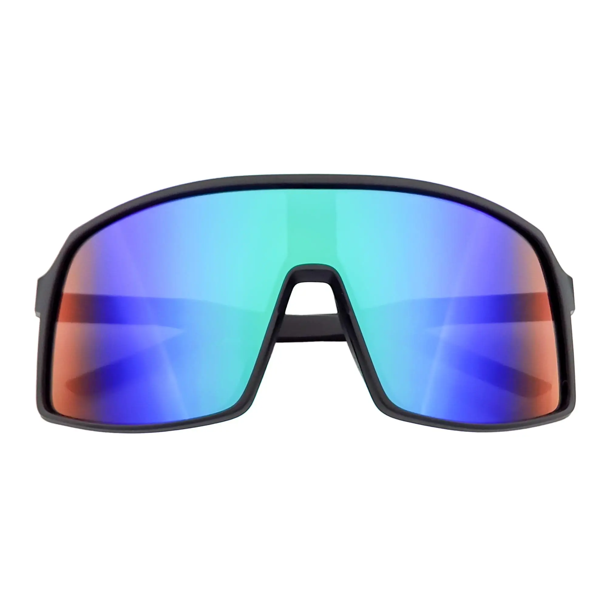 SENTRY Large Sports Shield Sunglasses - Matte Black Frame, Green-Blue Mirror Single Lens, Thin Arms, UV Protection, Fit for Medium to Large Head Width, Wearable Underneath Hat or Helmet