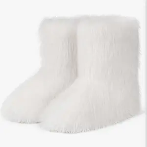 Women's Faux Fur Mid-Calf Snow Boots, Suede Flat Booties, Warm Fur-Lined Walking Shoes, Fashion White Footwear