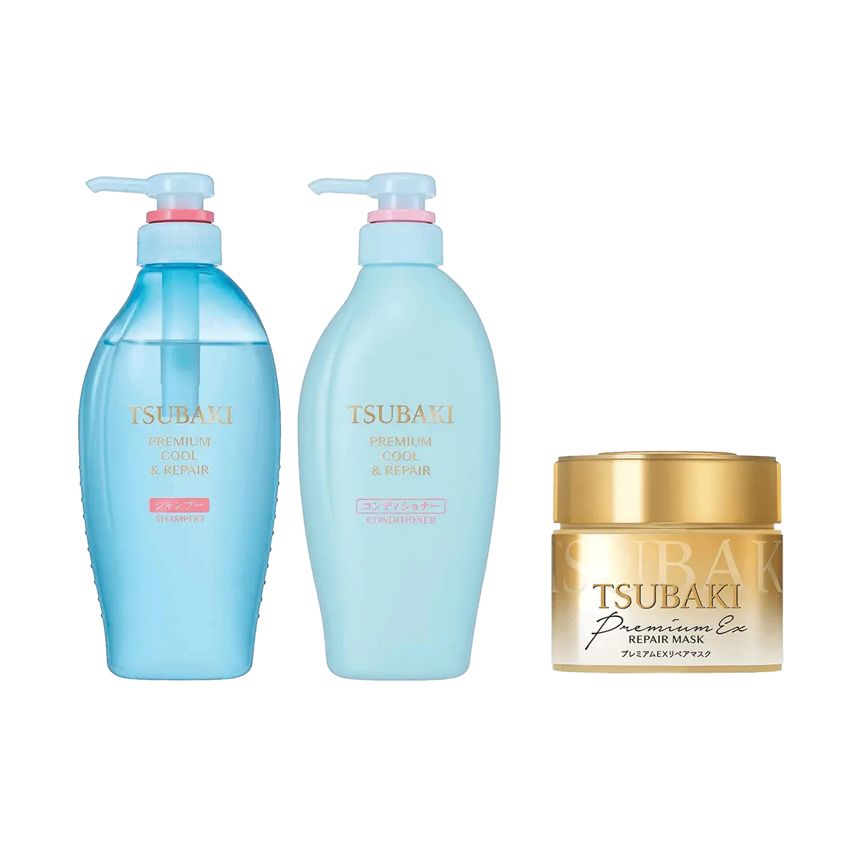 TSUBAKI Japanese Shampoo Conditioner Set - Blue Camellia Oil-Free, Anti-Itch, Volumizing, Smoothing - 450ml x 2 + 400ml Conditioner + 180g Hair Mask - Summer Cool Limited Edition
