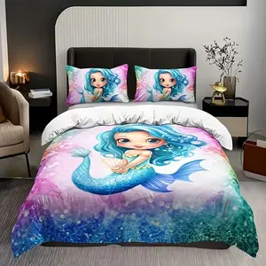 3-Piece Bedding Set (1 Fitted Sheet + 2 Pillowcases), Mermaid Cartoon Print, All-Room Use, Zipper Closure, Bedroom Decor, Decorative Bedsheet Sets
