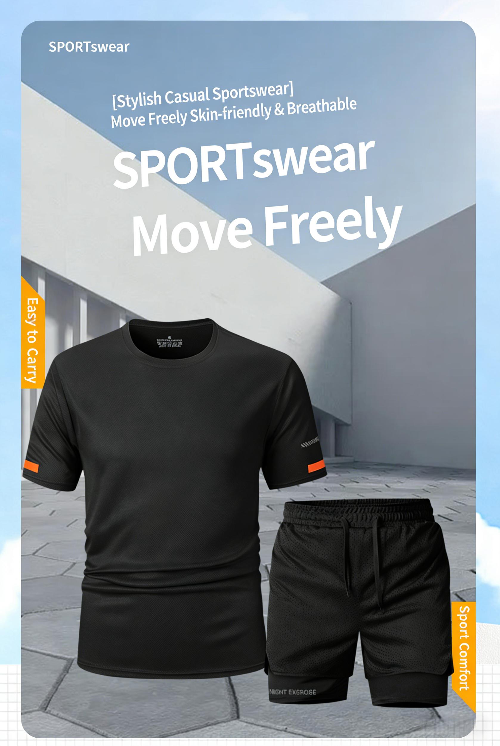 Men’s T-shirt and shorts set, regular fit, quick-drying, breathable, sweat-wicking; stylish sports-casual short-sleeve top and shorts combo—summer men’s apparel set.