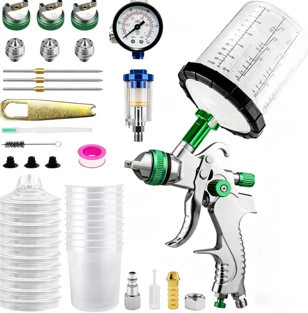 HVLP Pneumatic Gravity Feed Paint Spraying Tool Full Kit, 1.4/1.7/2.0mm Nozzles, 600ML Disposable Cups, Air Regulator, 15-Hole Cap for Smooth Coat, Ergonomic Handle Eases Long Projects, Green (for Automotive, Furniture), Gravity Feeder