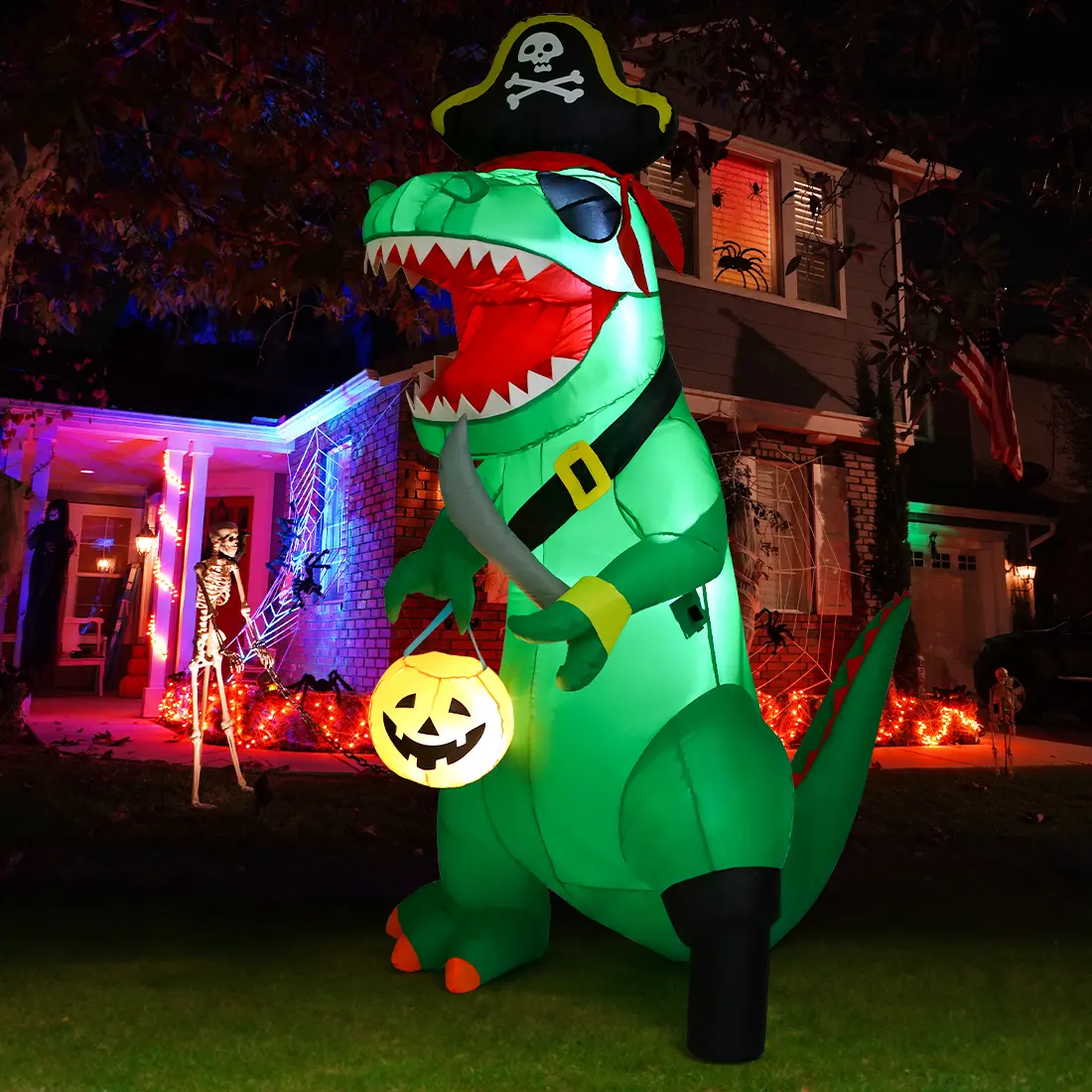 GOOSH 7FT Halloween Inflatable Pirate Dinosaur with Pumpkin, LED Lighted Outdoor Yard Decoration, Blow Up Dinosaur for Lawn Garden Party Decor