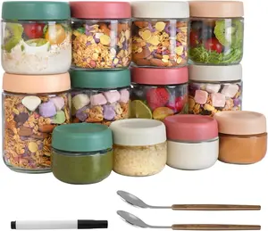 12Pack Overnight Oats Containers with Lids, 16oz, 8oz & 2oz Glass Jars with Airtight Lids, Wide mouth Mason Salad jars, Glass Food Storage Containers for Yogurt Chia Pudding Snacks Cereal & Spices