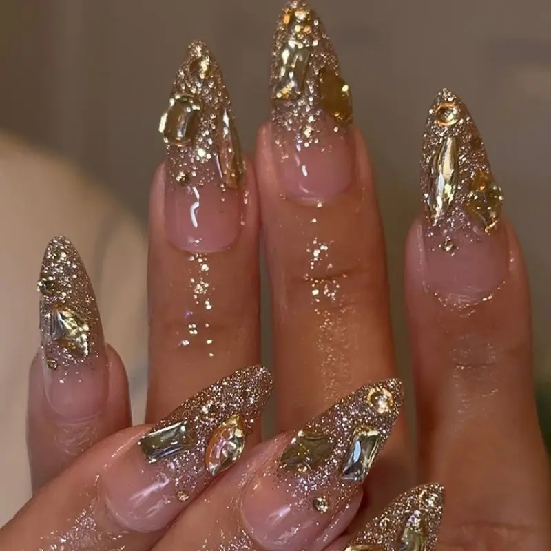 24pcs Long Almond Shape Glittering Fake Nails, Glitter Decorative Nails, Nude Base with Champagne Gold Glitter, High Adhesion, No Bake, Perfect for Special Occasions and Daily Wear